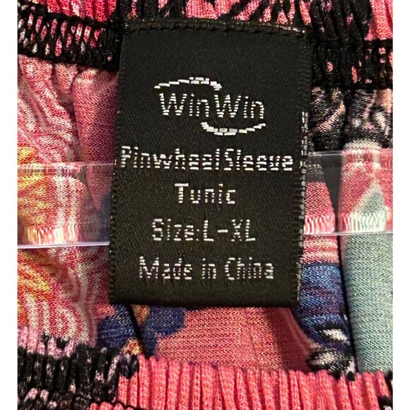 Win Win Women’s Paisley Print Tunic w/ Lace Bell Pinwheel Sleeves L-XL Pink Blue - Picture 4 of 6